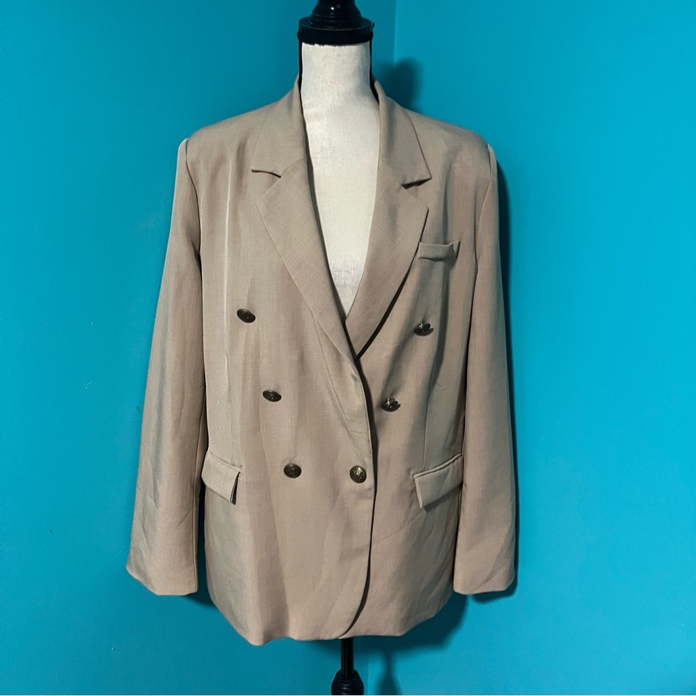 Aqua XL Solid Tan Double Breasted Blazer Jacket Brown